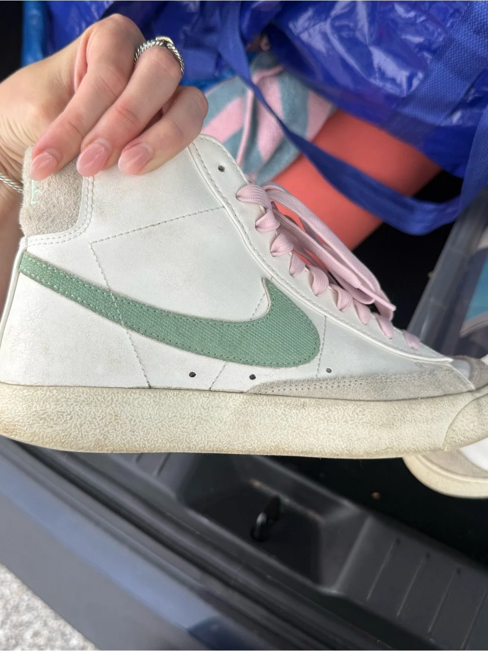 Nike Women's High-Top Sneakers White with Mint Green Swoosh and Pink Laces